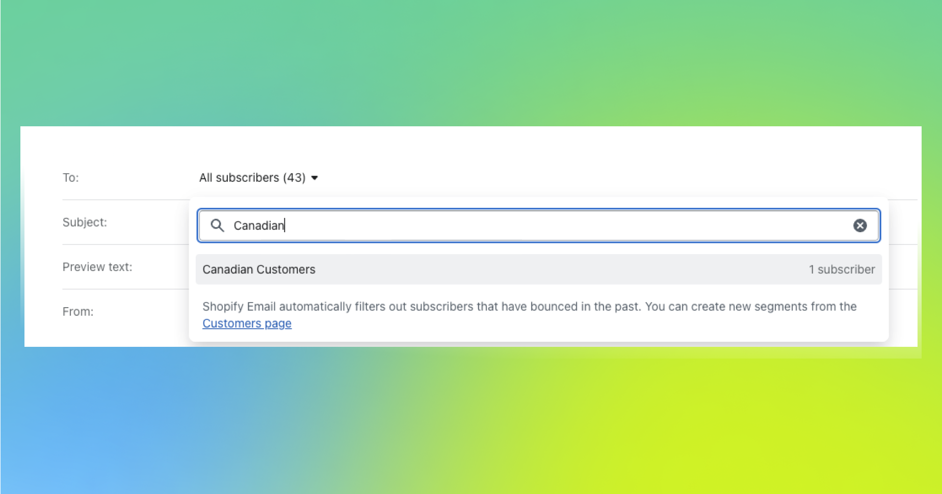  Фильтры электронной почты Shopify, показывающие канадский сегмент