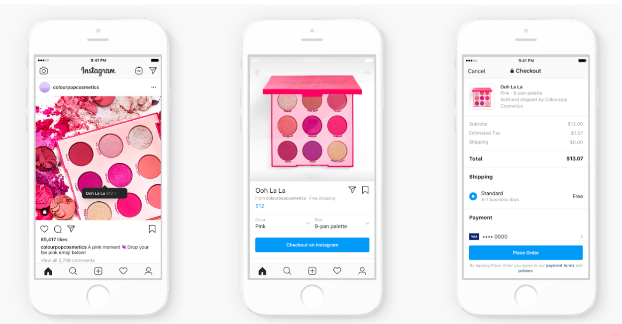 Три знімки екрана з Instagram-магазину бренду косметики, на якому показано процес покупки