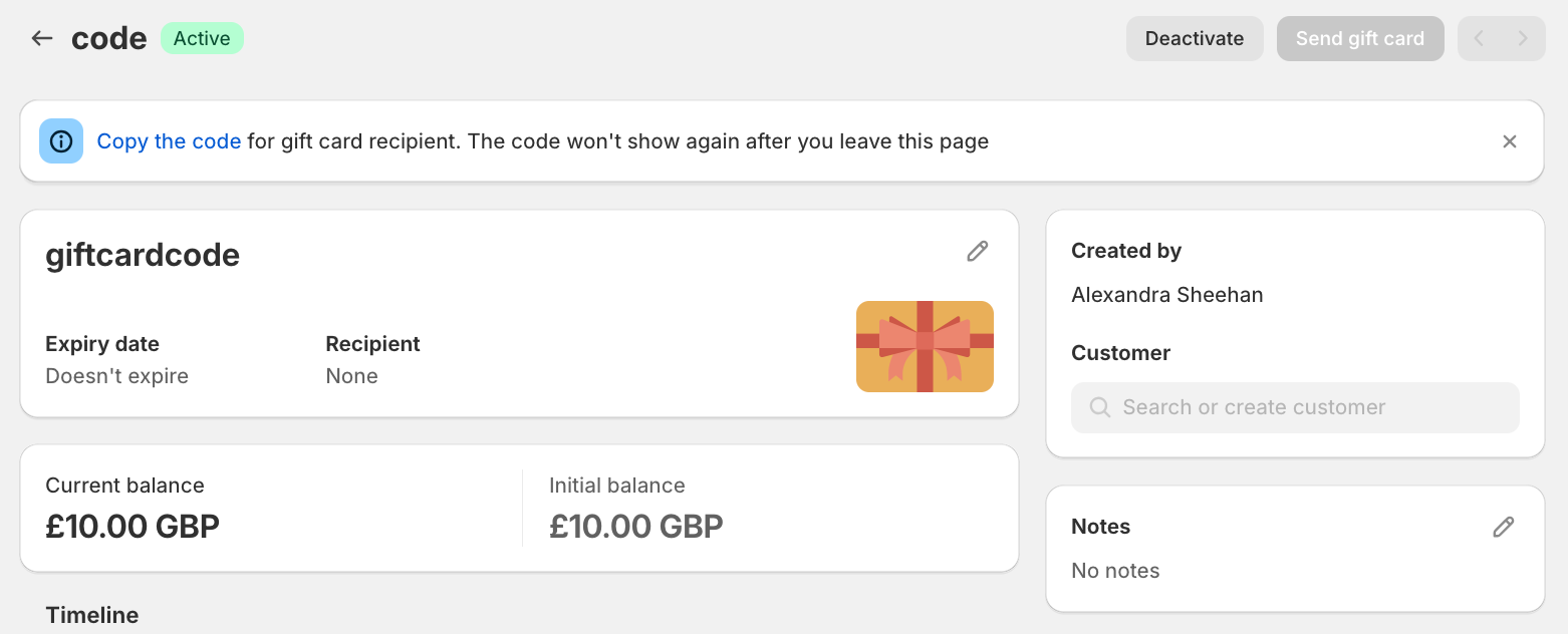 Снимок экрана с данными подарочной карты в администраторе Shopify