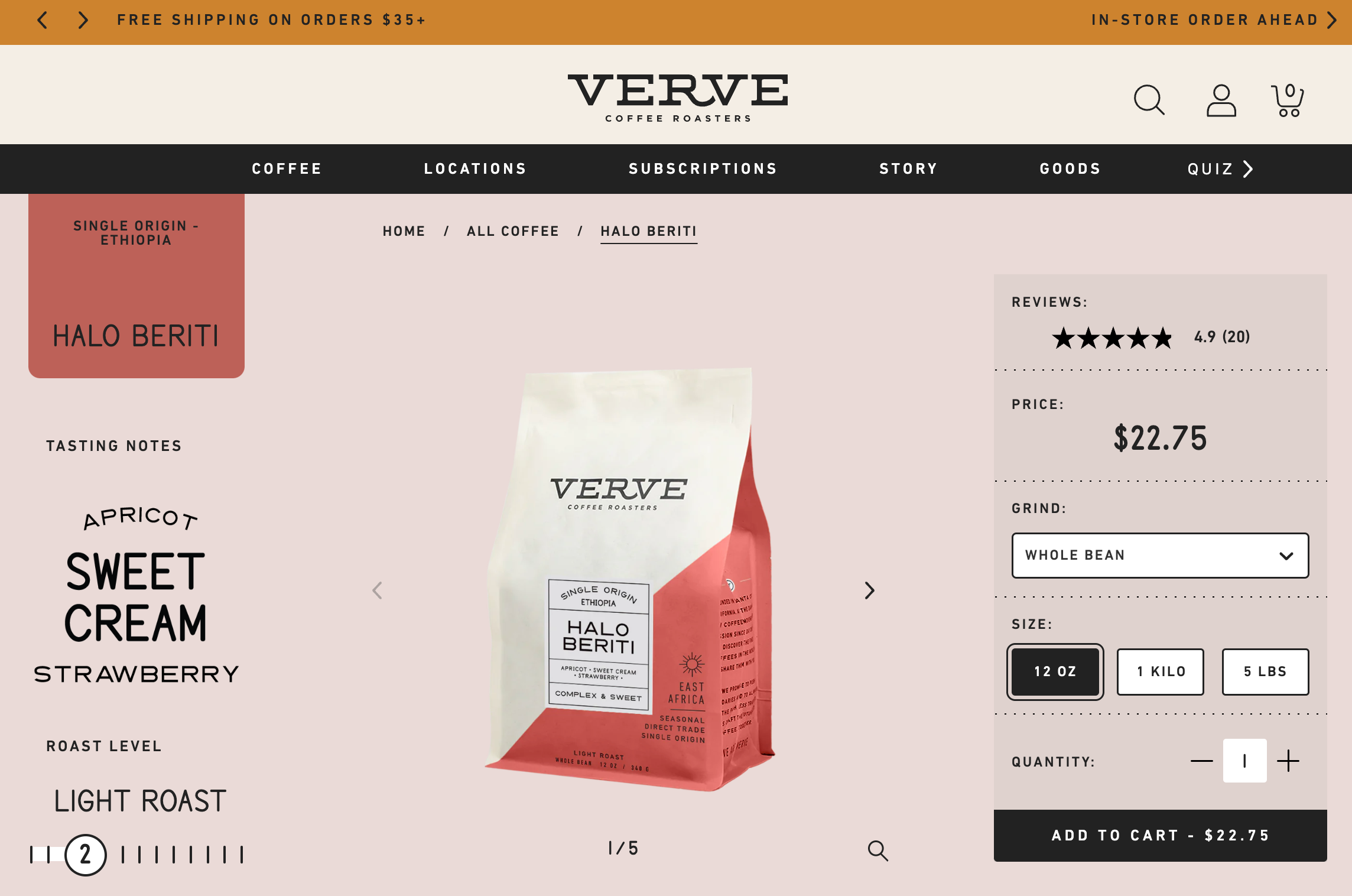 Снимок экрана со страницей продукта на веб-сайте электронной коммерции Verve