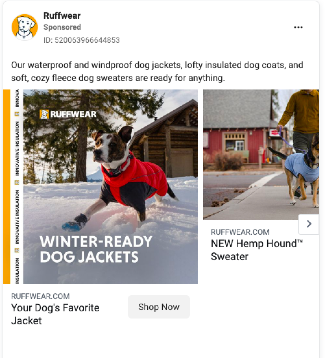 Скриншот рекламы Ruffwear на Facebook о зимних куртках для собак, которая ведет на страницу коллекции курток для собак