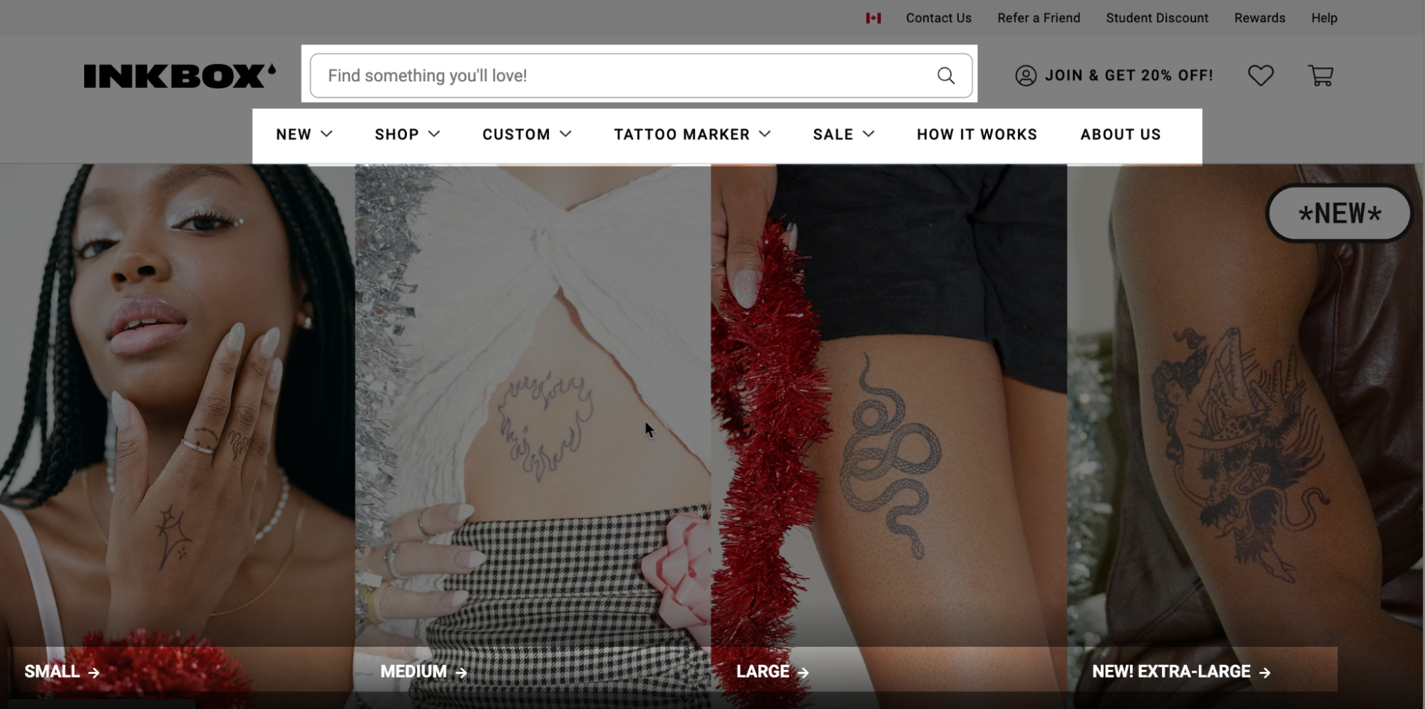 Веб-сайт Inkbox із виділенням липкої панелі пошуку, навігації меню та розділу колекцій у верхній частині сторінки.
