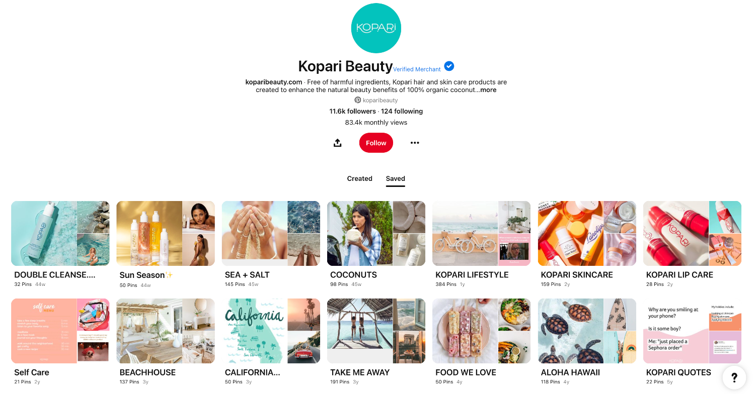 Страница профиля Pinterest для бренда Kopari