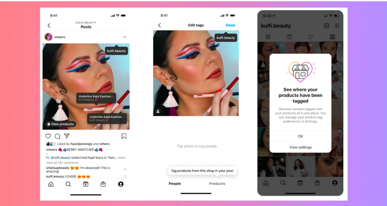 Публікація в Instagram жінки, яка наносить макіяж, позначена тегами рекомендованих продуктів.
