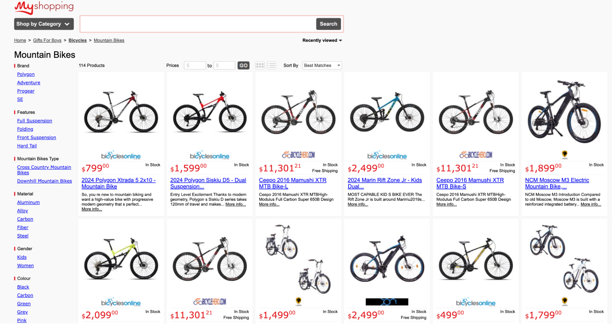 На странице результатов поиска MyShopping отображаются списки товаров для горных велосипедов с боковой панелью фильтров.