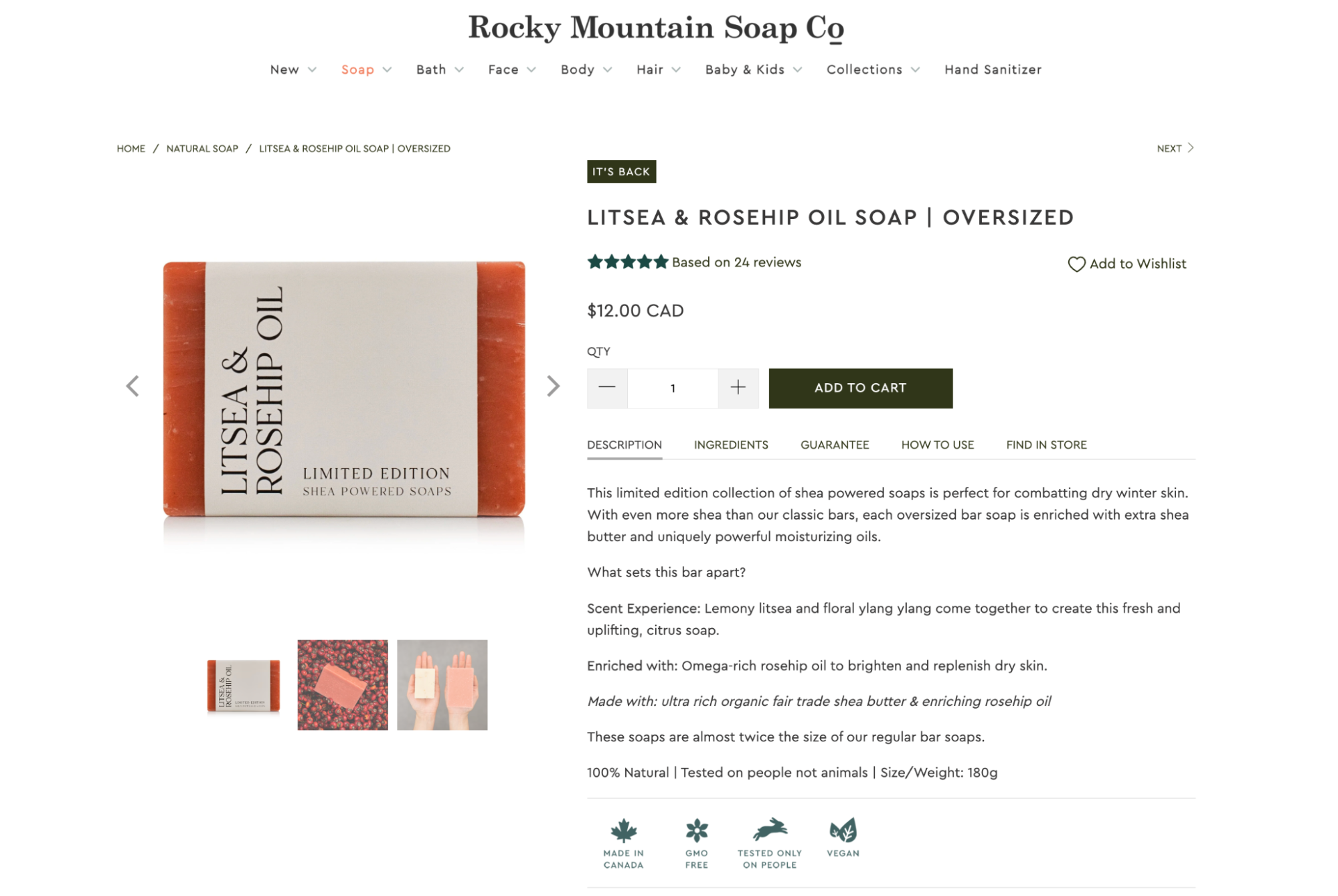 Сторінка продукту Rocky Mountain Soap висвітлює особливості, які цікавлять покупців, наприклад 100% натуральність інгредієнтів.