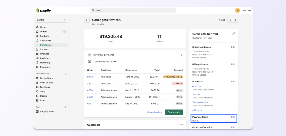 Условия оплаты Net 30 устанавливаются для заказа B2B от Gordie Gifts с использованием Shopify Plus.