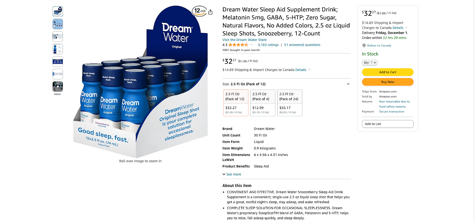 Помощник для сна Dream Water страница продукта на Amazon с большим количеством деталей для оптимизации ее для конверсии