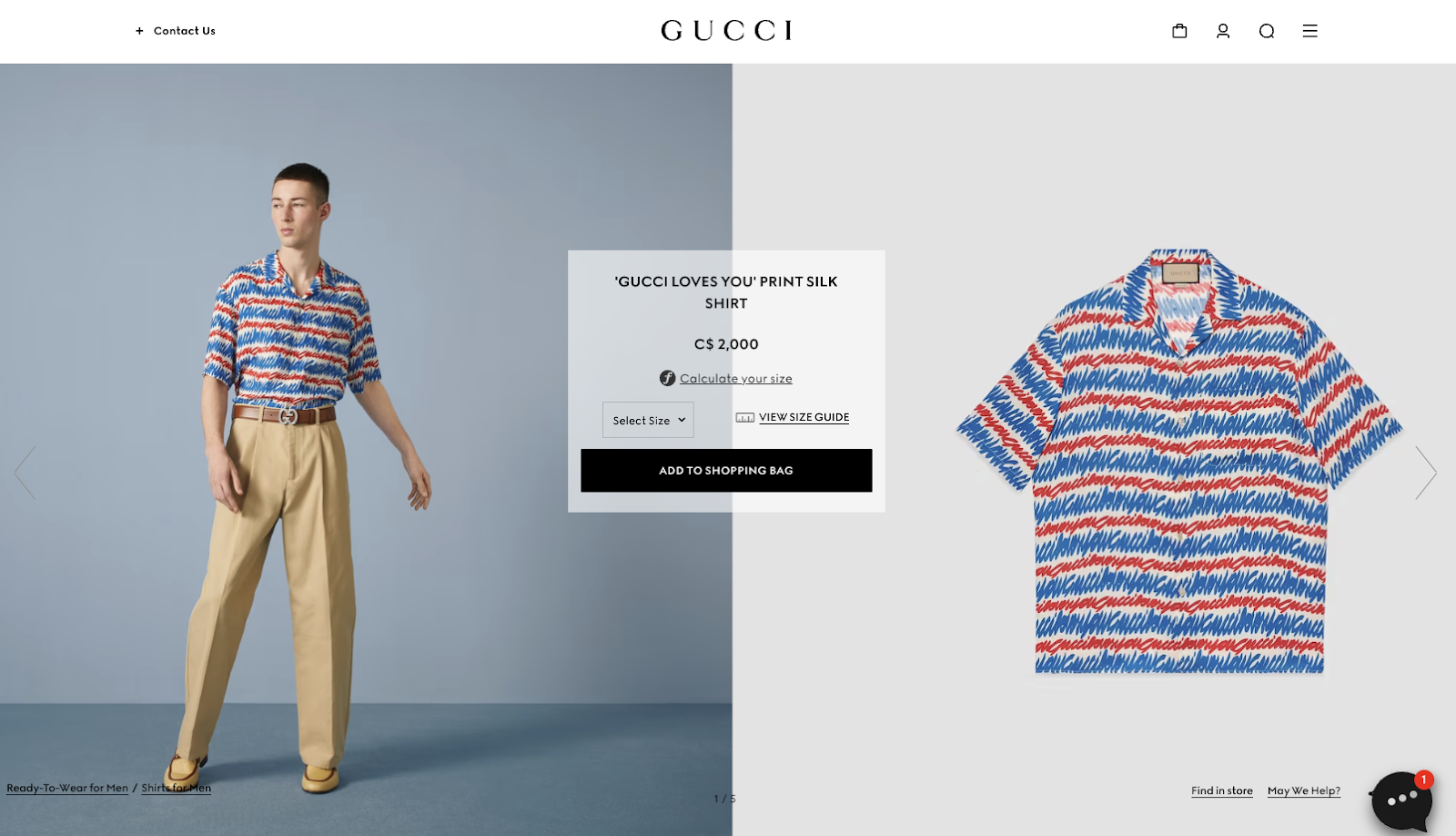 Продается мужская шелковая рубашка Gucci на своем сайте за 2000 долларов». loading=