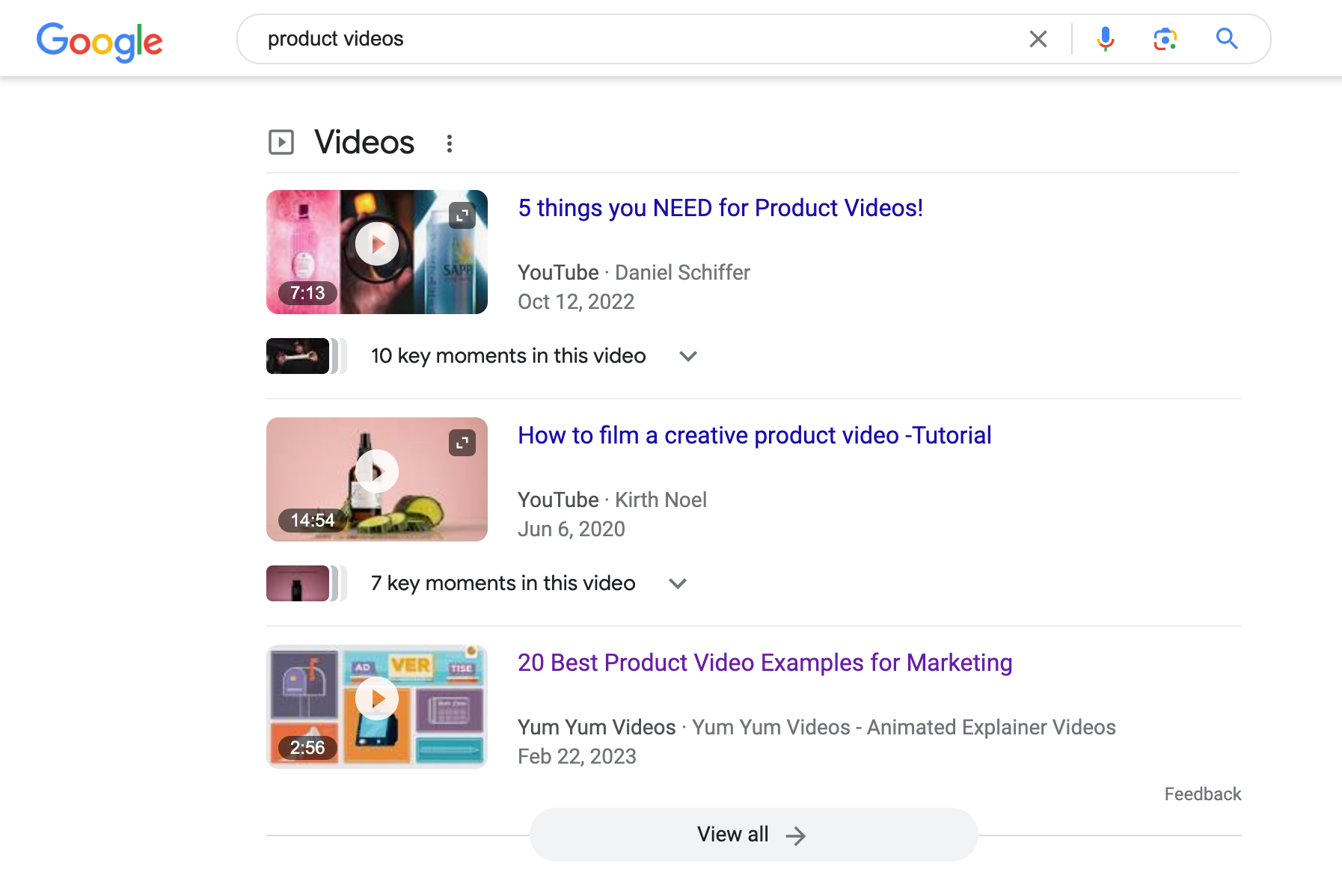 Результати пошуку Google за терміном “product video” показують відео