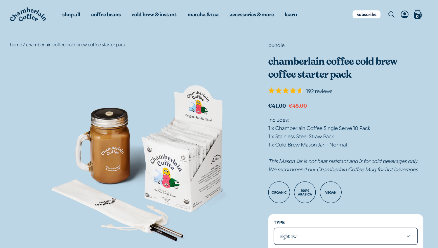 Сторінка продукту електронної комерції для Chamberlain Coffee