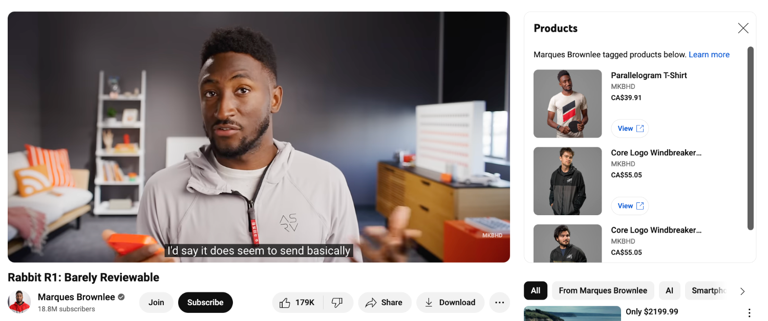 Сторінка відео YouTube для показу Marquees Brownlee продукти, які можна придбати
