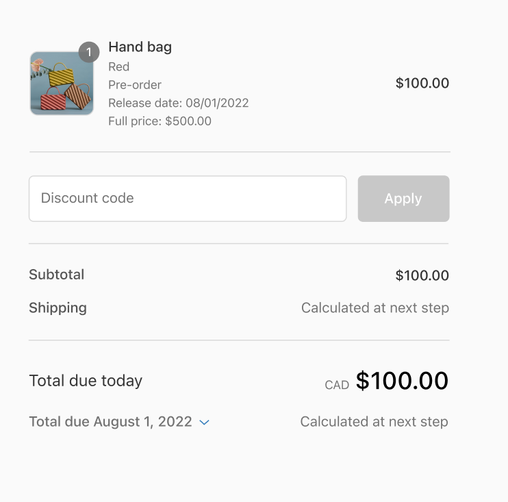 Приклад попереднього замовлення сумки на Shopify.